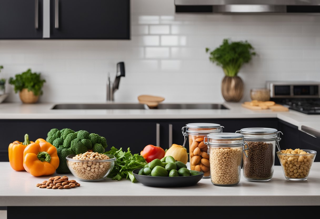 A kitchen counter with fresh vegetables, nuts, and lean protein. A compost bin sits nearby, and reusable glass containers hold homemade keto-friendly snacks