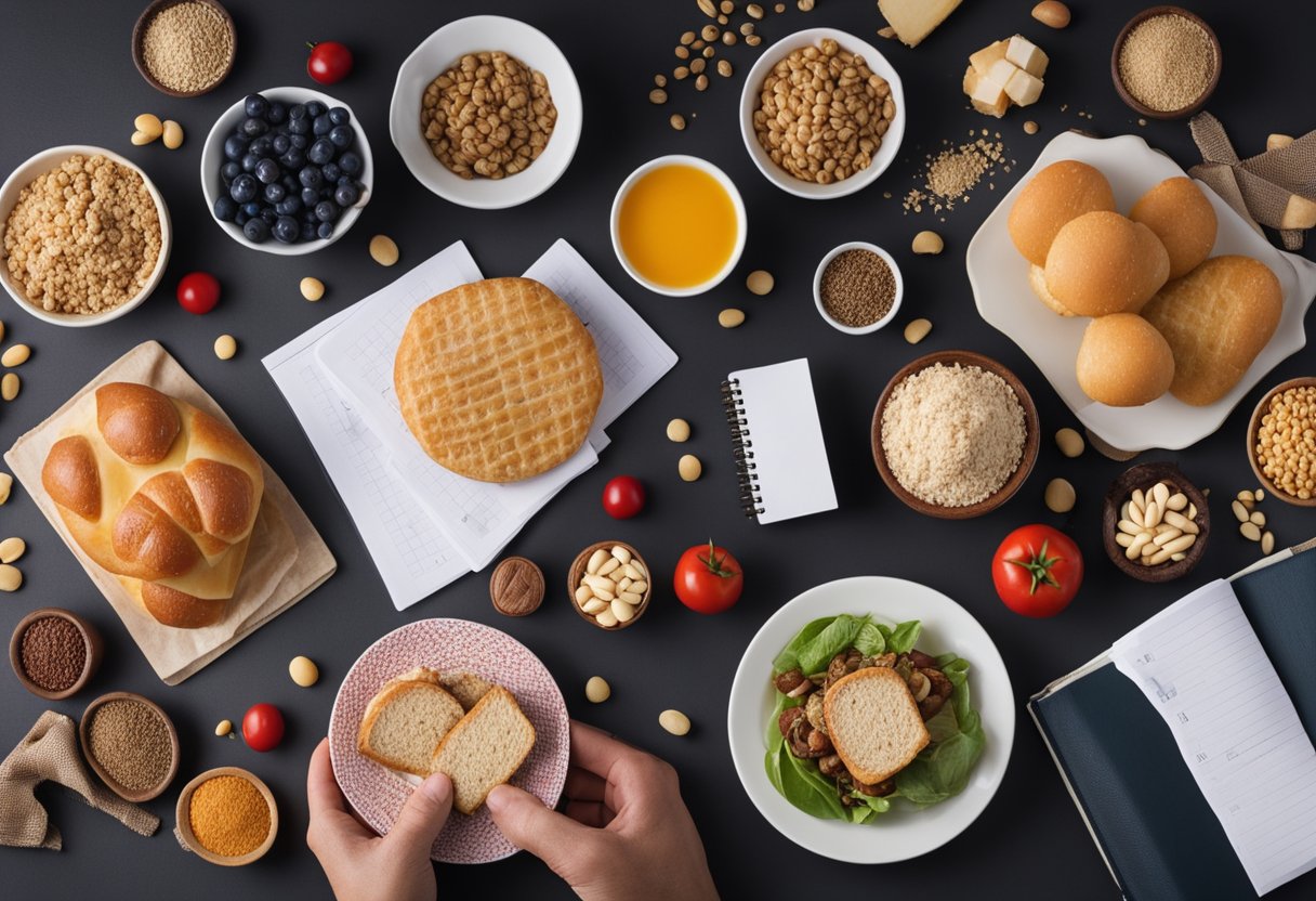 A table filled with high-carb foods, crossed out with a red "X". A scale showing weight gain. A confused person holding a keto guidebook