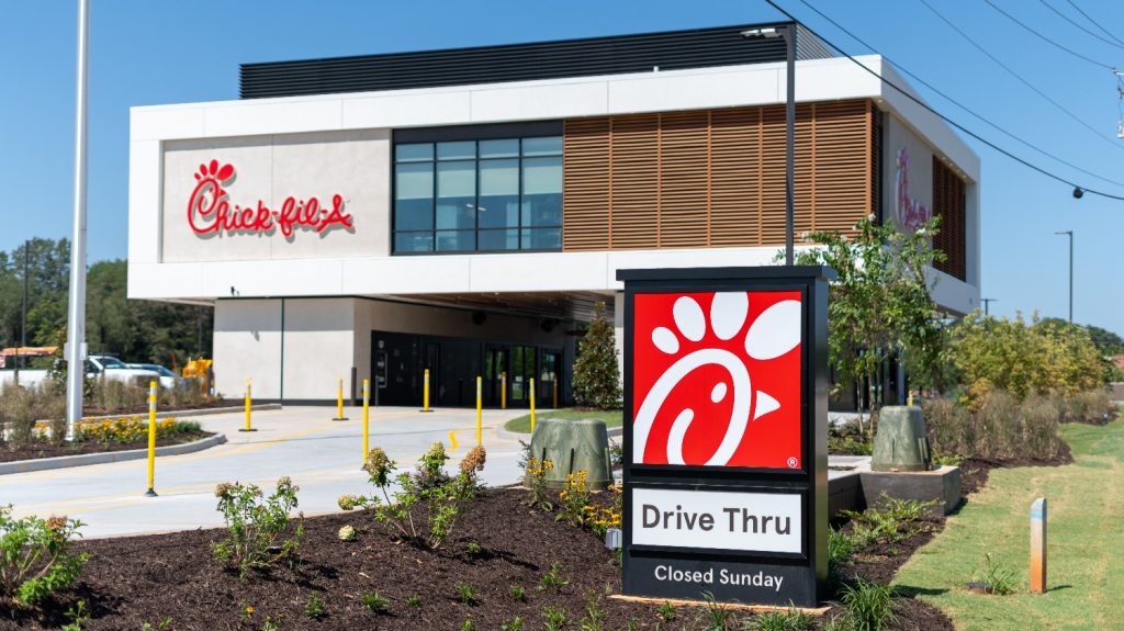 a sign outside of a chick-fil-a building